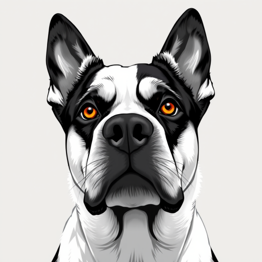 Create a detailed illustration of a black and white dog with striking amber eyes. The dog's face should be prominent and expressive, featuring a mix of fur textures. The background should be a soft, neutral color to enhance the dog's features. The overall style should be bold and graphic, emphasizing the dog's unique characteristics.