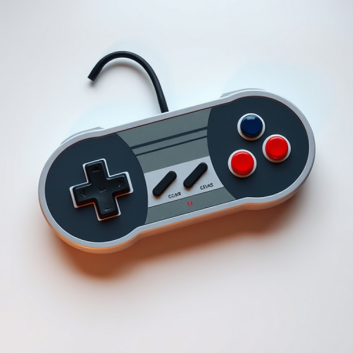 Create a high-resolution digital illustration of a classic Nintendo game controller, featuring a detailed design with visible texture and shadow effects, captured using a DSLR camera with a 50mm lens, f/1.8 aperture, ISO 100, shot from a top-down view with soft natural lighting to enhance colors and depth.