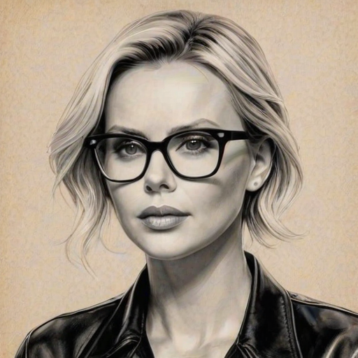 Charming Charlize Theron, pencil sketch, portrait of Stunning woman 1948s in glasses, hair style beatnik, outline, clear lines, fine lines, 8k