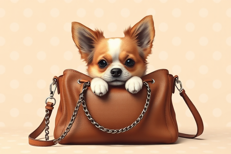 Create a high-quality digital illustration of a cute dog peeking out from a stylish, brown handbag with a chain, set against a light beige polka dot background, using a Canon EOS 5D Mark IV with a 50mm f/1.8 lens, aperture f/2.8, ISO 100, and soft diffused lighting for enhanced detail and color vibrancy.