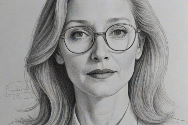 Pleasing Patricia Clarkson, pencil sketch, portrait of Appealing woman 1971s in glasses, hair style beatnik, outline, clear lines, fine lines, 8k