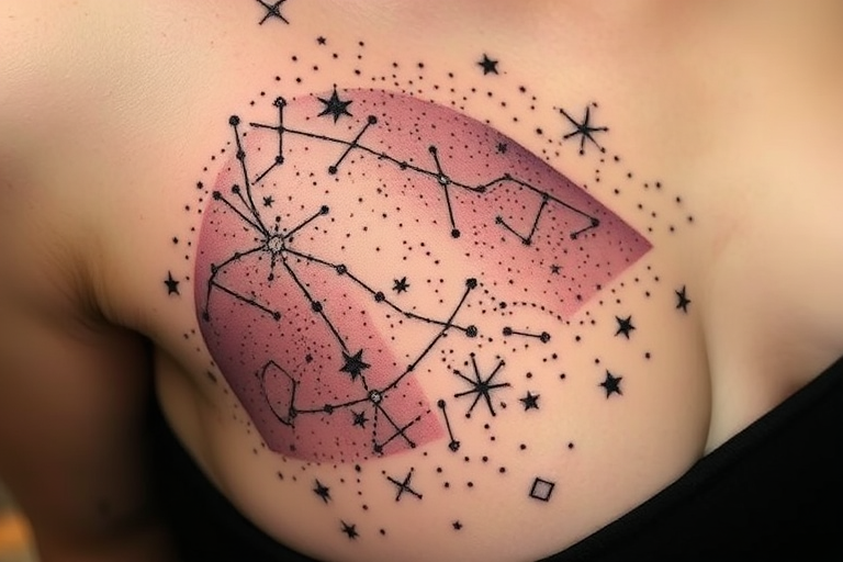 Dotwork tattoo "Celestial Whispers" depicting a dreamy night sky filled with constellations and galaxies, created entirely with meticulously placed black ink dots of varying sizes and densities