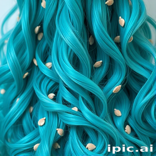 Vibrant teal mermaid waves cascade down to the waist, shimmering with iridescent highlights and adorned with tiny seashells, capturing the essence of the ocean's depths