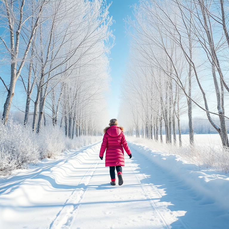 A young girl in a pink coat walking on a snow-covered path surrounded by frosty white trees, bright blue sky, shot with a Canon EOS R5, 50mm lens at f/1.8, ISO 100, natural light for enhanced contrast and clarity.
