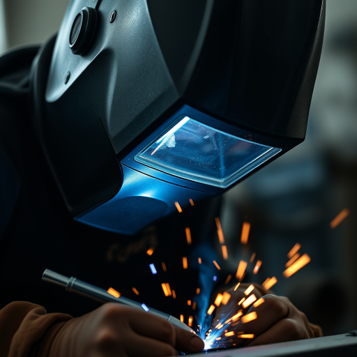 Close-up of a welder in a helmet working on metal, sparks flying, soft natural lighting, f/2.8 aperture, ISO 400, shutter speed 1/250s, 50mm lens, DSLR camera, shallow depth of field to emphasize the welding process.