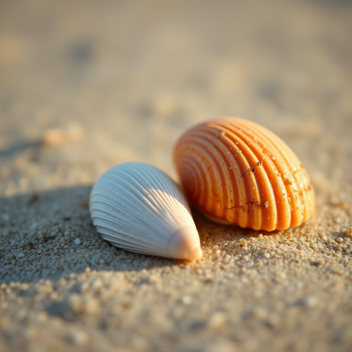 Close-up shot of two seashells on sandy beach with soft natural lighting, f/2.8 aperture, 50mm lens, ISO 100, shallow depth of field, focused on shells, blurred background for depth, captured with a DSLR camera.