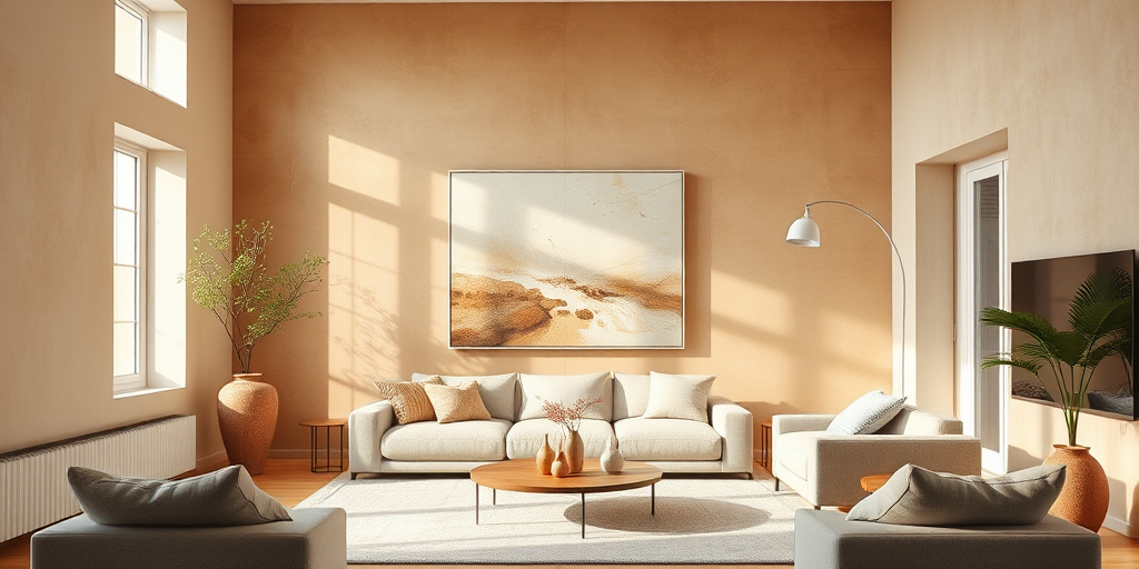 modern minimalist living room with natural light, warm tones, textured walls, large abstract wall art, plants in vases, soft seating, camera settings: f/2.8, 1/60s, ISO 200, camera view: wide-angle, camera style: soft focus, camera type: DSLR