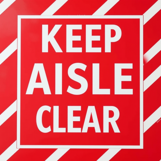 Create a vibrant sign displaying "KEEP AISLE CLEAR" in bold white letters on a red background, with diagonal white and red stripes bordering the edges, taken with a digital camera at f/8 aperture, 1/200 second shutter speed, ISO 200, and a 24mm lens in a flat lay style.