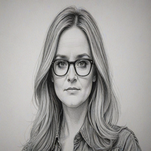 Sublime Samantha Bee, pencil sketch, portrait of Captivating woman 1974s in glasses, hair style beatnik, outline, clear lines, fine lines, 8k