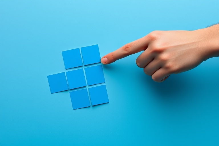 Create an image of a hand pointing at a cluster of blue square cards arranged on a gradient blue background, using a DSLR camera with a 50mm lens, aperture f/2.8, shutter speed 1/200s, ISO 100, top-down view, high dynamic range for enhanced clarity and detail.