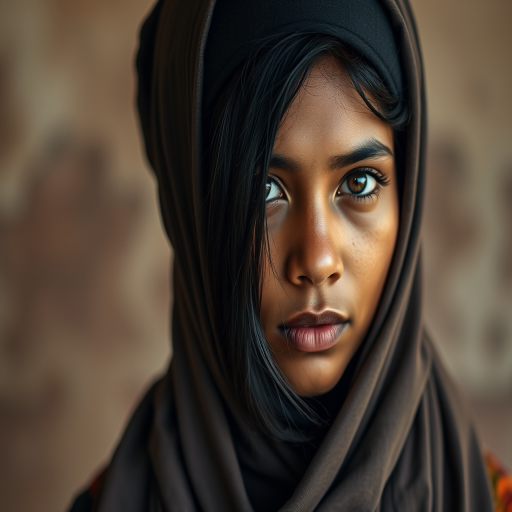 Create a portrait of a young Sri Lankan woman with long, dark hair and captivating hazel eyes. She is wearing a dark headscarf and a matching scarf draped gracefully around her neck. The background is softly blurred, focusing attention on her serene and natural expression. The overall color palette is muted and warm, enhancing the intimate and authentic feel of the portrait.