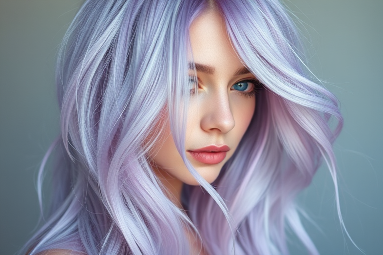 Ethereal pastel lavender locks in the "Twilight Dream" style flow ethereally, accented by silvery undertones and soft, face-framing tendrils