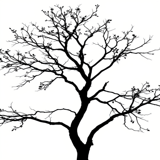 Create a high-resolution image of a stylized black silhouette of a tree with intricate branches and leaves against a white background, using a Canon EOS R5 camera with an aperture of f/8, shutter speed 1/200s, ISO 100, shot in portrait mode with soft natural lighting.
