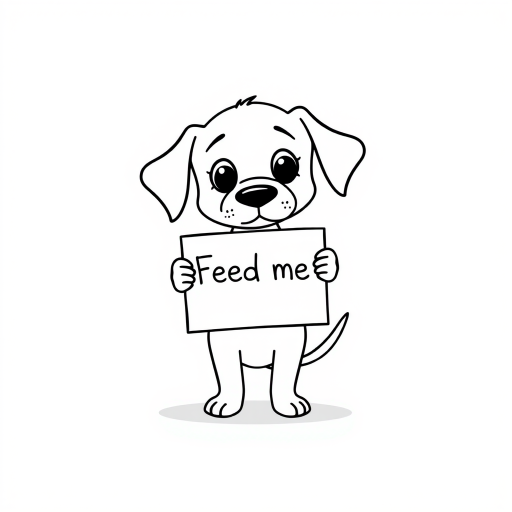 A minimalist cartoon of a PUPPY standing on a blank white background, holding a sign that simply says, 'Feed me.' The puppy is drawn with just a few lines: big eyes, whiskers, floppy ears, and a straight tail, giving it a comically desperate expression.