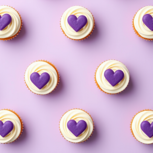Generate a repeated pattern of cupcakes with white frosting and a purple heart on a light purple background, shot with a DSLR camera at f/5.6 aperture, ISO 100, 50mm lens, top-down view, using vibrant colors and high contrast to enhance image quality.