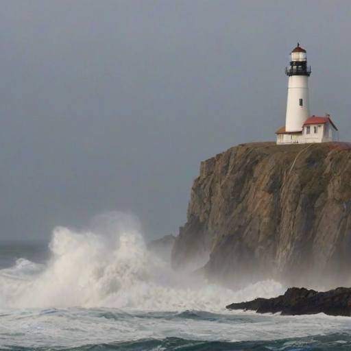 Softly focused photo of a lighthouse perched on a rocky cliff, beams of light cutting through the thick fog, with crashing ocean waves faintly visible below.