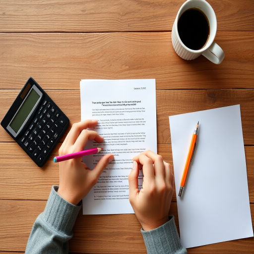 Aerial view of a wooden desk with a hand holding a pink pencil writing on a document, a calculator, a coffee cup, a pencil, and a blank sheet of paper, soft natural lighting, f/4, ISO 200, 1/60s, DSLR camera