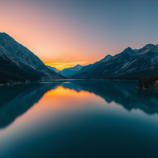 Create a high-resolution image of a serene landscape featuring a calm lake surrounded by mountains at sunset, using a DSLR camera with a 24mm lens, f/8 aperture, ISO 100, shot at 1/125 sec, in landscape mode with vivid colors and high dynamic range.