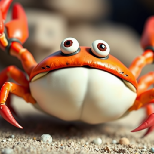 Create a vibrant cartoon crab character with exaggerated features and a surprised expression, using a digital art style, shot from a close-up view with a 50mm lens to enhance detail and clarity, at f/2.8 for a soft background, and bright lighting to emphasize colors.