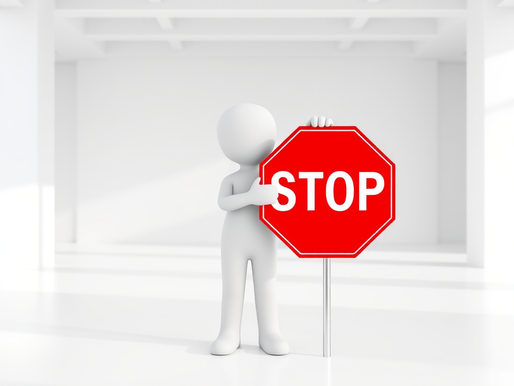 create a 3D rendering of a white humanoid figure holding a red octagonal stop sign in a bright, minimalist setting, shot with a Canon EOS R5 at f/8, 50mm lens, ISO 100, using natural lighting for enhanced clarity and detail