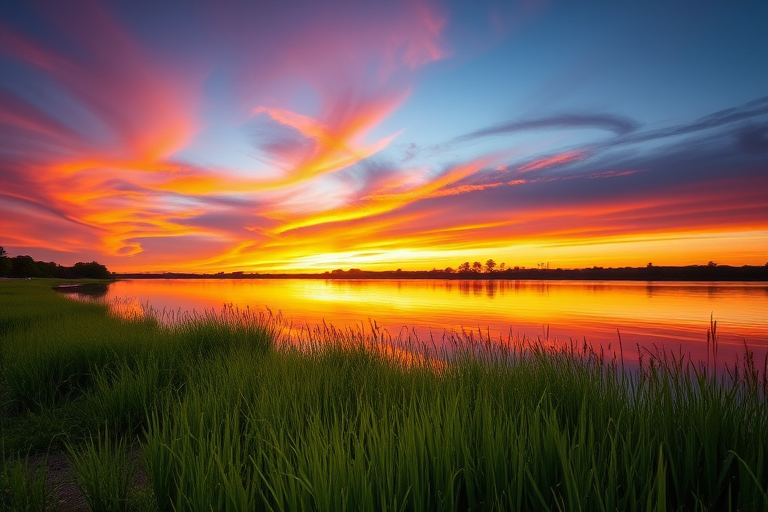 Generate a serene sunset over a calm lake with vibrant orange and purple hues in the sky, rich reflections on the water, lush green grass in the foreground, captured with a Canon EOS R5, 24mm lens, f/8 aperture, ISO 100, and a shutter speed of 1/125 seconds, at golden hour.