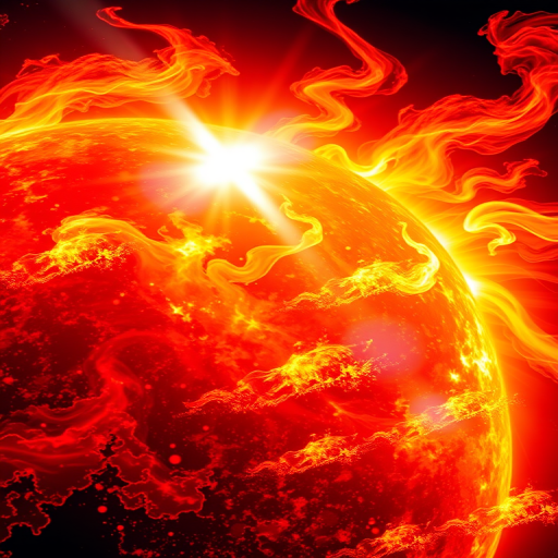 Create a high-resolution, vibrant depiction of a fiery sun with swirling flames and solar flares, captured with a Canon EOS 5D Mark IV, aperture f/8, ISO 100, at a 50mm focal length using a macro lens to enhance details and color saturation.