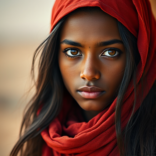 Create a portrait of a young Tuareg male with long, dark hair and captivating hazel eyes. She is wearing a red headscarf and a matching scarf draped gracefully around her neck. The background is softly blurred, focusing attention on her serene and natural expression. The overall color palette is muted and warm, enhancing the intimate and authentic feel of the portrait.