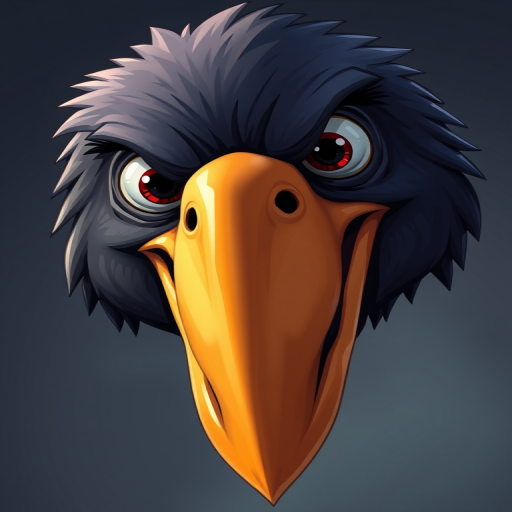 Create a highly detailed illustration of a cartoon raven's head with exaggerated features, using a Canon EOS 5D Mark IV, 50mm lens, f/1.8 aperture, 1/200s shutter speed, and natural soft lighting for enhanced colors and sharpness.