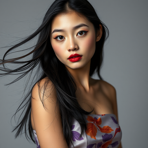 Photographic image of a beautiful young Ainu woman, brown eyes, lips with brown lipstick, long hair fluttering in the wind and wearing a silk strapless dress with a soft purple and orange print. monochrome image with only color highlights in the iris of the eyes, lipstick and dress. Gray background.
