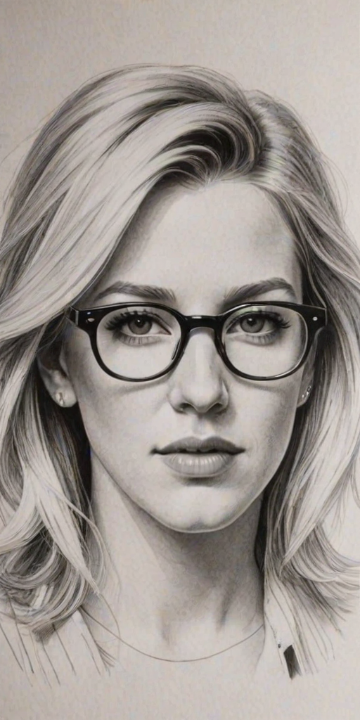 Beauteous Ellie Goulding, pencil sketch, portrait of Stunning woman 1959s in glasses, hair style beatnik, outline, clear lines, fine lines, 8k