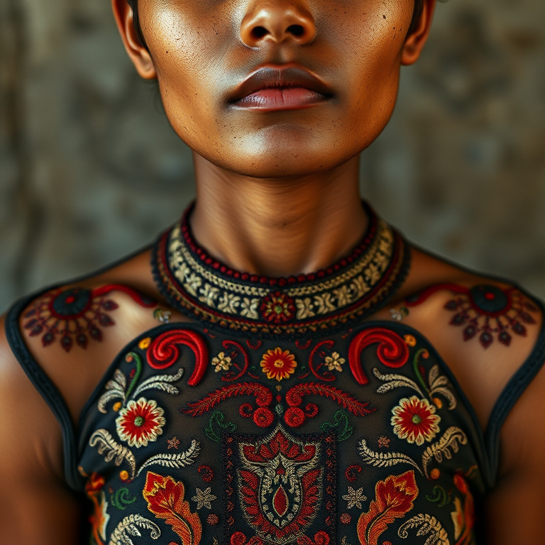 Face, shoulders, chest covered in openwork Malay embroidery. Raw, unedited image.