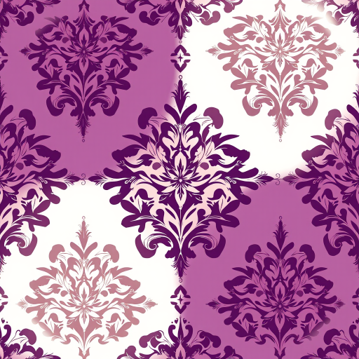 create a seamless damask pattern in deep purple and cream, intricate floral details, high resolution, 50mm lens, f/8 aperture, ISO 100, soft natural lighting, top-down view, digital illustration