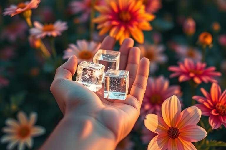 Capture a close-up shot of a hand holding glowing crystal-like cubes surrounded by vibrant flowers in soft focus, using a DSLR camera with a 50mm lens, aperture f/1.8, ISO 200, 1/200s shutter speed, and golden hour lighting for enhanced warmth and clarity.
