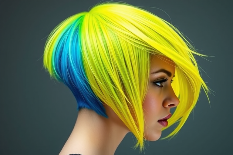 Neon yellow asymmetrical bob with electric blue peek-a-boo underlayer, dubbed "Lightning Strike" hair, incorporating razor-sharp edges and a dramatic side sweep