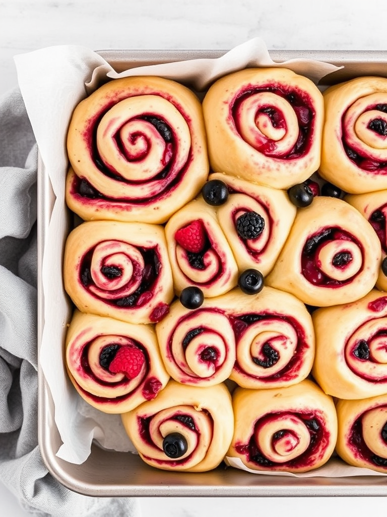 A baking tray filled with freshly rolled berry cinnamon rolls featuring swirls of dough and a mix of blueberries, blackberries, and raspberries, arranged neatly in a square metal tray with parchment paper lining, showcasing a light and fluffy texture, with a soft gray cloth draped beside the tray.
