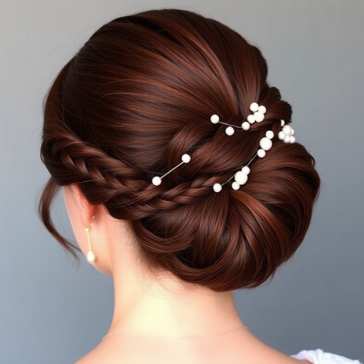 Elegant updo featuring a sleek chignon in rich mahogany brown, adorned with delicate pearl pins and intricate braided accents, perfect for formal occasions