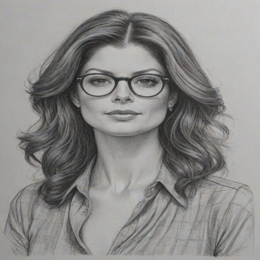 Superb Debra Messing, pencil sketch, portrait of Splendid woman 1974s in glasses, hair style beatnik, outline, clear lines, fine lines, 8k