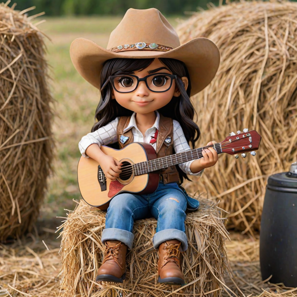 A chibi mia khalifa, dressed as a cowboy, playing guitar, sitting on a hay bale