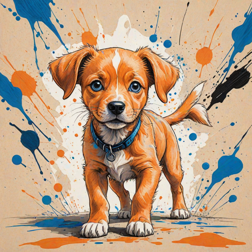 A vibrant childs coloured pencil drawn illustration of a bright orange dog with large, expressive blue eyes, a very cute style. The dog appears to be walking towards the viewer, surrounded by an abstract splash of colors and fine black lines, giving the image a dynamic and artistic flair. The background is a soft beige, highlighting the cat's vivid coloration and playful demeanor. Naively drawn scratchy line style.