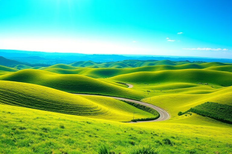Generate a vibrant landscape illustration featuring rolling green hills with a winding road leading into the distance, bright blue sky with subtle rays of sunlight illuminating the scene, camera settings f/8, ISO 100, 1/200s, wide-angle lens, high dynamic range photography, digital camera type.