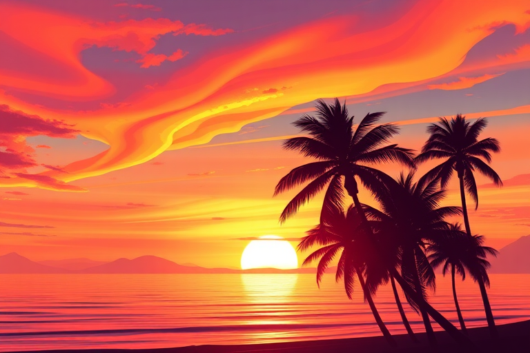 Create an illustration of a vibrant sunset over a calm ocean, with silhouettes of palm trees in the foreground, captured with a DSLR camera at 50mm focal length, f/2.8 aperture, ISO 100, shot from a low angle to emphasize the sky's colors and reflections on the water.