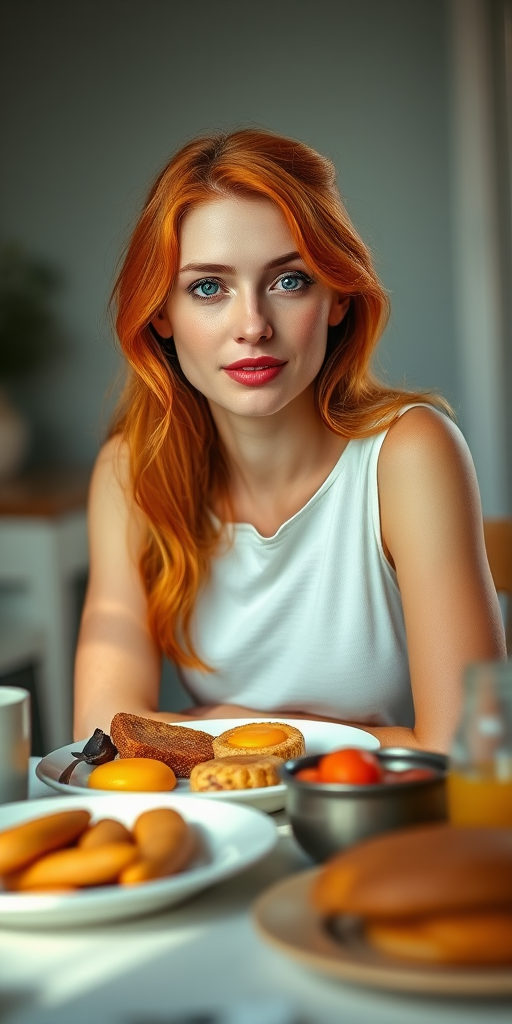 Create a high-resolution portrait of a woman with orange hair sitting at a table with a breakfast spread, soft natural lighting, shallow depth of field, with an emphasis on vibrant colors and fine details, captured with a DSLR camera, using a 50mm lens at f/1.8, ISO 200, and a slight vignette effect.