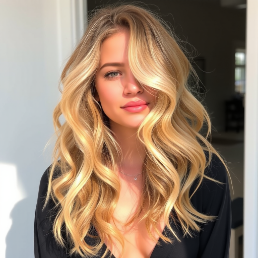 Golden honey blonde hair styled in loose, tousled curls with sun-kissed highlights, the Sunlit Siren style embodies carefree elegance and natural radiance