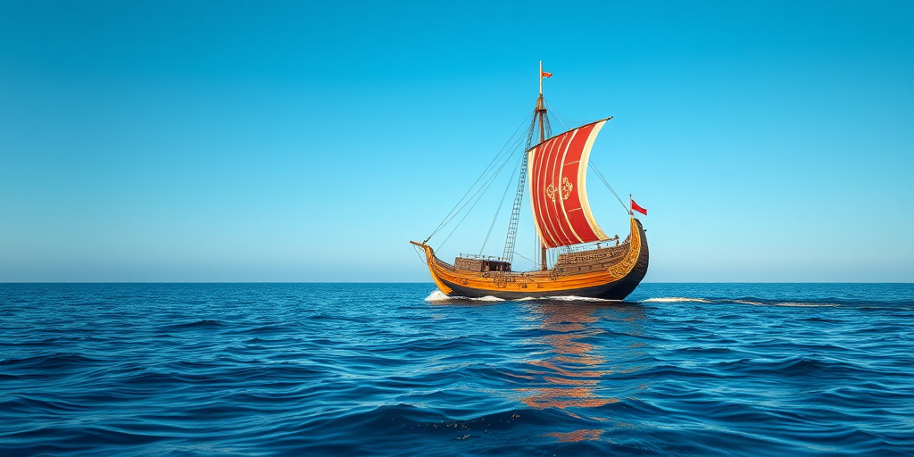 Create a high-resolution illustration of a Viking ship sailing on a calm sea under a clear blue sky, using a Canon EOS R with a 50mm lens at f/8, ISO 100, and a soft focus style to enhance vibrancy and detail.