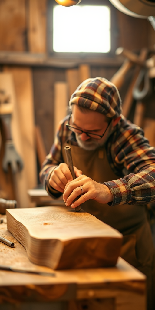 A skilled carpenter meticulously shaping wood in a rustic workshop, warm lighting highlighting the details of the wood and tools, depth of field effect; captured with a Canon EOS R5, 50mm lens, f/1.8 aperture, ISO 200, 1/125 sec shutter speed.