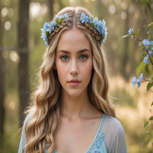 Create an image of a young Latino woman with long, wavy blonde hair, adorned with small, colorful flowers woven into her braids and loose strands. Her complexion is fair, with soft, glowing skin, and she has light blue eyes that gaze softly at the viewer. She wears a light, flowing dress with a gentle, ethereal quality, complementing her delicate and serene appearance. The background is slightly blurred, drawing focus to her tranquil expression and the intricate details of the flowers in her hair. The overall mood of the image is one of natural beauty and grace, evoking a sense of peacefulness and connection with nature.