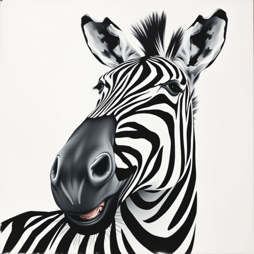 Abstract black and white acrylic portrait of an over exaggerated laughing (zebra). Minimalism style. White background.