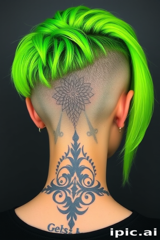 Daring hair style revealing an undercut design with intricate patterns shaved into the nape and vibrant neon green long top layers