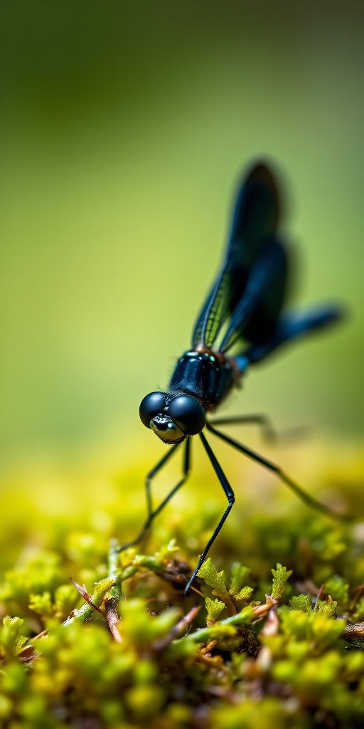 a close-up of a black dragonfly perched on green moss, shallow focus, natural light, macro lens, ISO 100, f/2.8, 1/200 sec, DSLR camera, soft bokeh in the background
