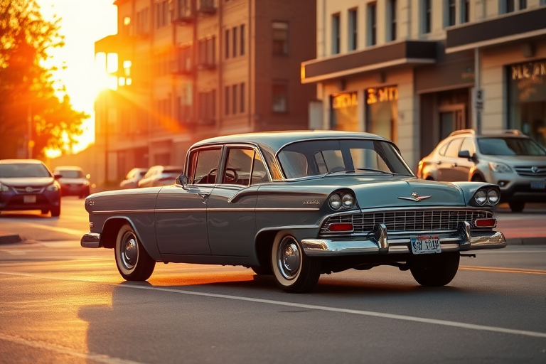 Capture a vintage grey sedan parked on a city street during golden hour, using a Canon EOS R5 with a 50mm f/1.2 lens at ISO 100, aperture f/2.8, and shutter speed 1/250s for a sharp focus, shallow depth of field, and vibrant colors.